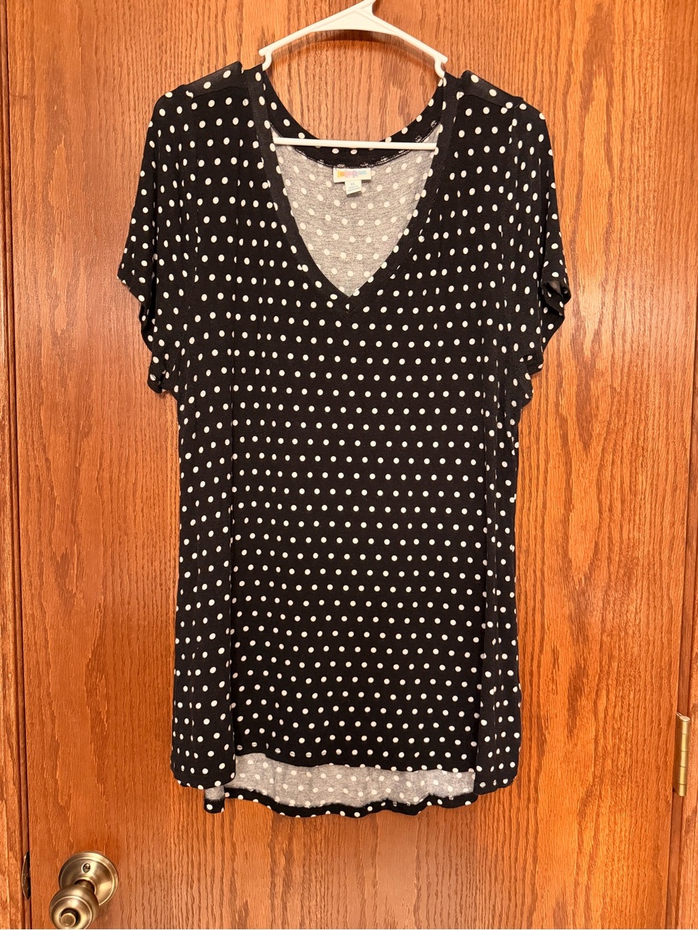 LuLaRoe Black Short Sleeve V-Neck Top with White Polka Dots